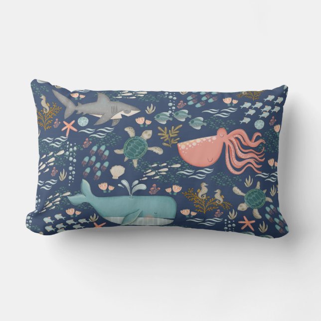 Cojín Lumbar Azul bajo el mar Acuarela Océanos animales (Anverso)