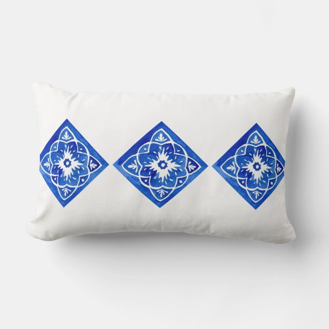 Cojín Lumbar Azul cobalto y azul mediterráneo blanco Tile Lumba (Anverso)