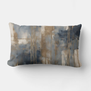 Cojín Lumbar Azul Marino Beige Dorado Abstracto Acuarela