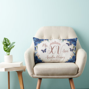 Cojín Lumbar Azul Real Floral Rosa Dorada Quinceañera Arrodilla
