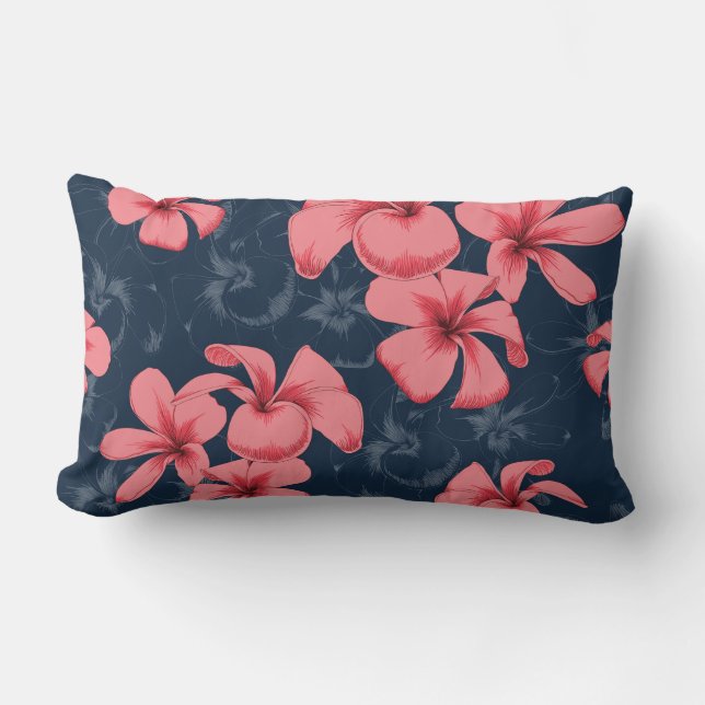 Cojín Lumbar Azul rosado ilustrado Pillow con flores (Anverso)