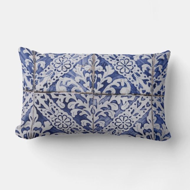 Cojín Lumbar Baldosas portuguesas - Azulejo Floral azul y blanc (Anverso)