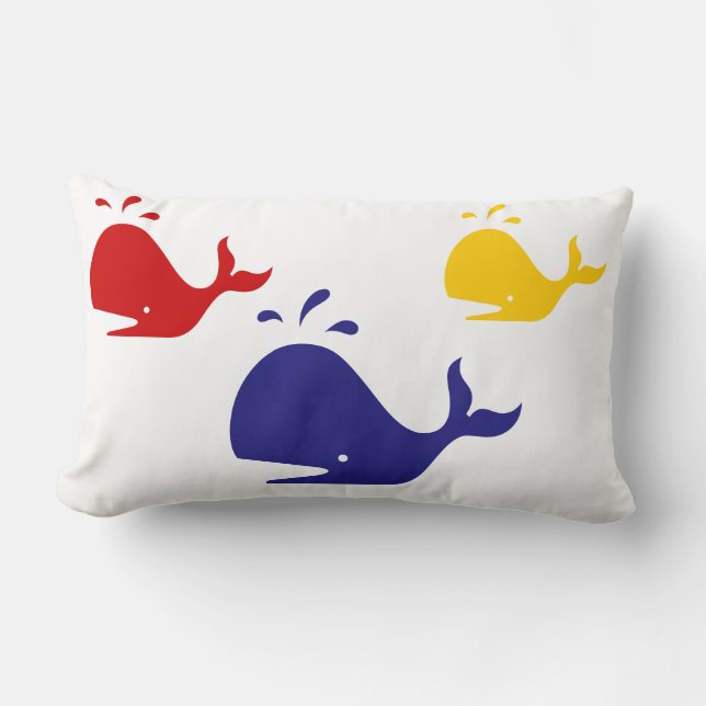 Cojín Lumbar ballenas azul marino, amarillo y rojo en blanco (Anverso)