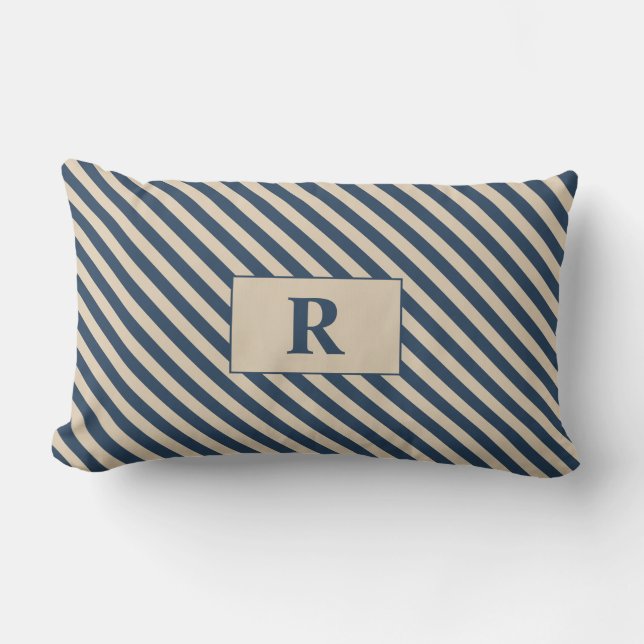 Cojín Lumbar Bandas de azul/vainilla monogramadas (Anverso)
