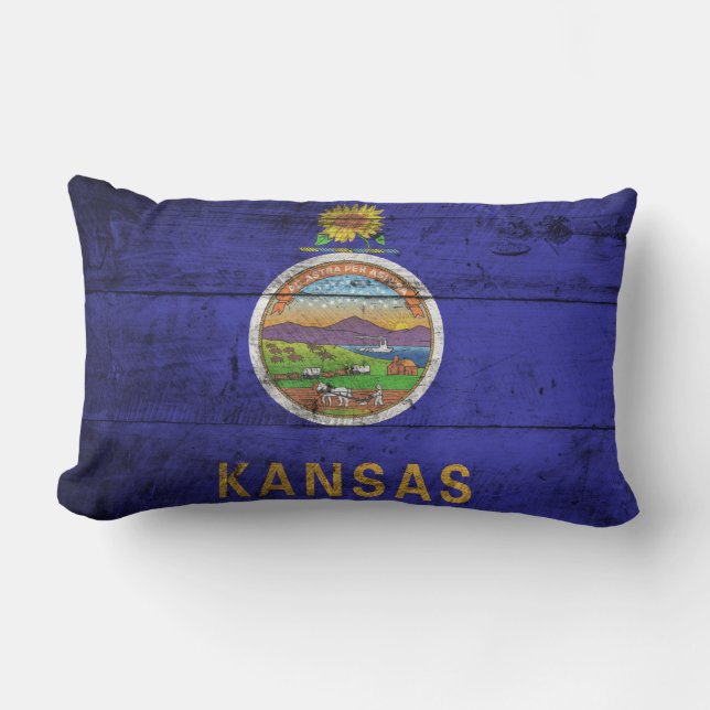 Cojín Lumbar Bandera de madera vieja de Kansas; (Anverso)