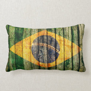 Cojín Lumbar Bandera del Brasil del Grunge en textura de madera