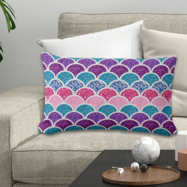 Cojín Lumbar básculas de sirena morada color turquesa (aqua turquoise pink purple mermaid scales lumbar pillow)