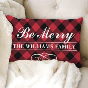 Cojín Lumbar Be Merry Red Buffalo Plaid Familia Monograma