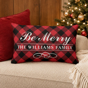 Cojín Lumbar Be Merry Red Buffalo Plaid Familia Monograma