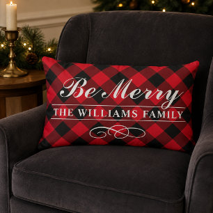 Cojín Lumbar Be Merry Red Buffalo Plaid Familia Monograma