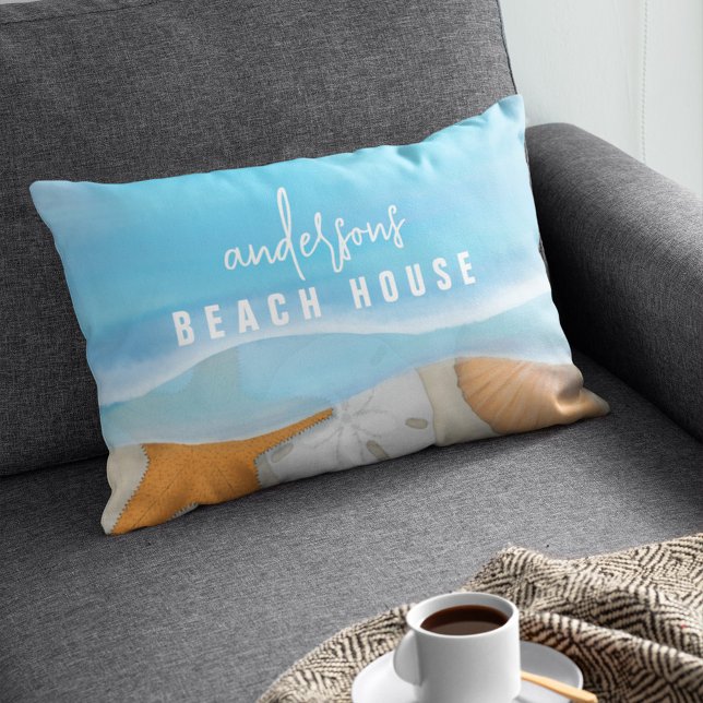Cojín Lumbar Beach House Watercolor Ocean Personalizado (Subido por el creador)