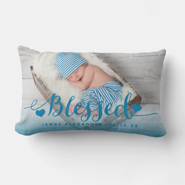 Cojín Lumbar Bebé azul Nacimiento foto Keepsake Pillow (Anverso)