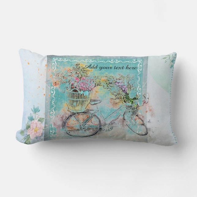 Cojín Lumbar Bicicleta con cestas de flores en la burlap azul (Anverso)