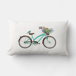Cojín Lumbar Bicycle With Bird and Flower Basket Turquoise Blue
