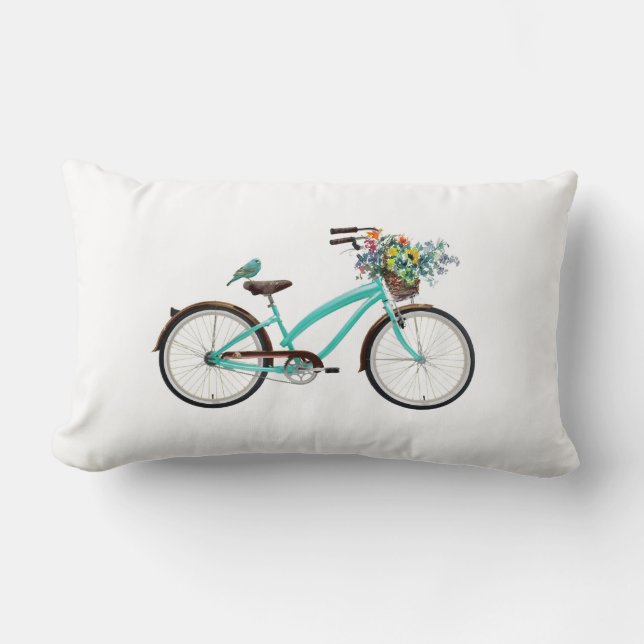 Cojín Lumbar Bicycle With Bird and Flower Basket Turquoise Blue (Anverso)