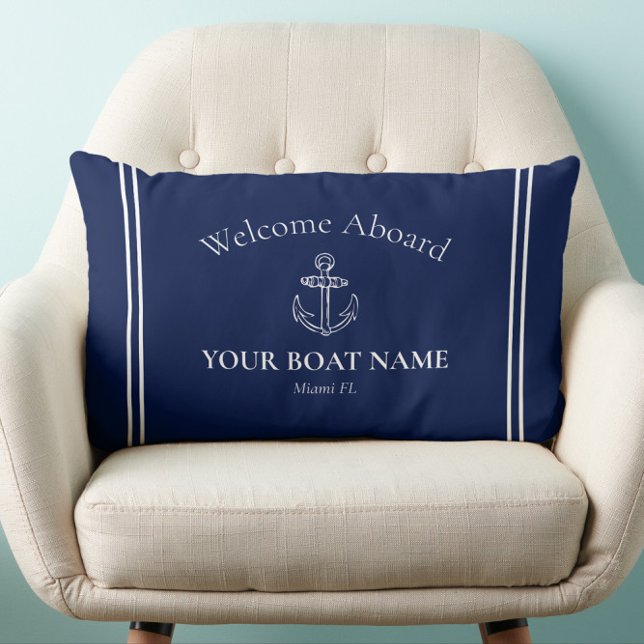 Cojín Lumbar Bienvenida a bordo Nombre de barco Marina Azul Bla (Classic Navy Blue Welcome Aboard Nautical Pillow Personalized with Your Boat Name and Home Port)