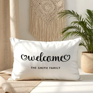 Cojín Lumbar Bienvenida en negro y blanco Corazones lindos Scri