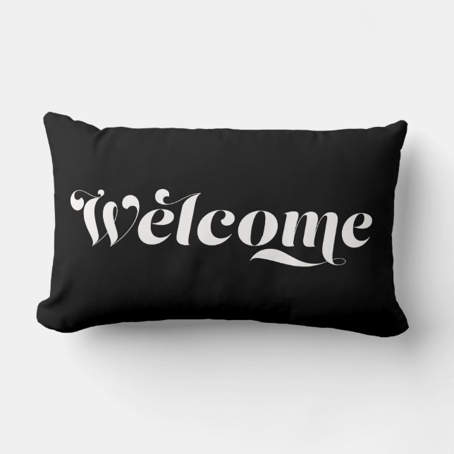 Cojín Lumbar Bienvenido a casa caligrafía estilo negro y blanco (Anverso)