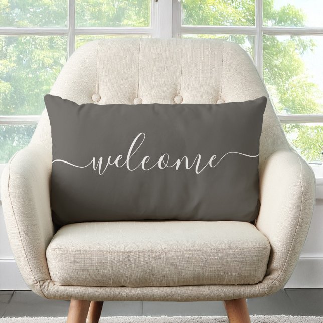 Cojín Lumbar Bienvenido Caligrafía Bronce Marrón (Welcome Bronze Brown Quote Calligraphy Typography Lumbar Pillow)