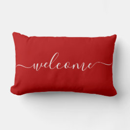 Cojín Lumbar Bienvenido Tipografía Caligrafía Cita Roja y Blanc