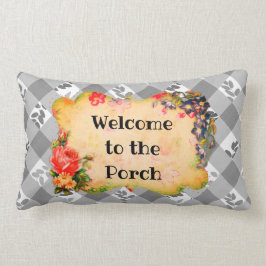 Cojín Lumbar Bienvenidos al Porch Gray Country Gingham Pillow