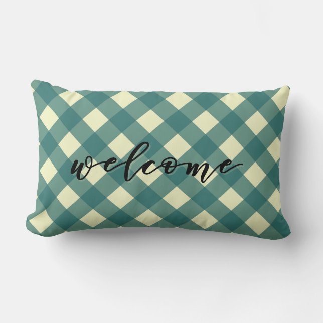 COJÍN LUMBAR BIENVENIDOS - VERDE AZULADO GINGHAM (Anverso)