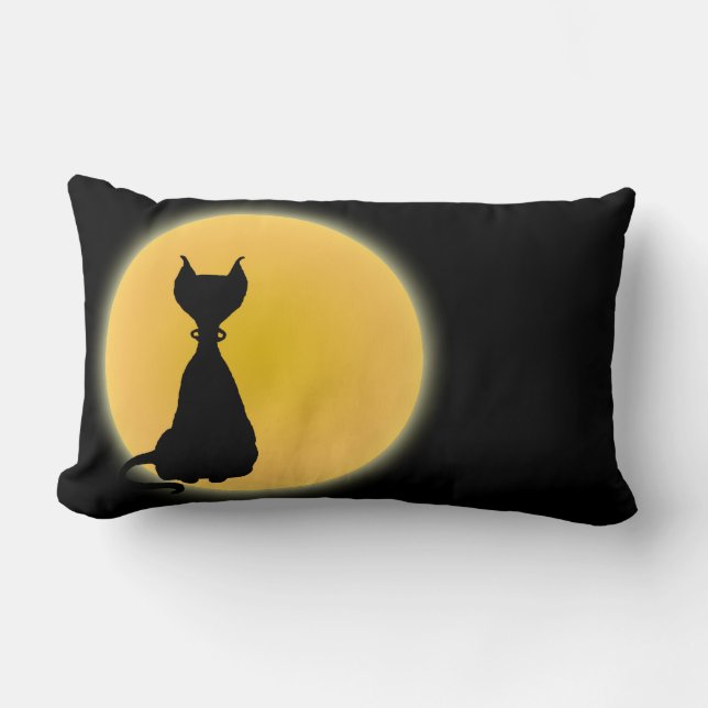 Cojín Lumbar Black Cat & Yellow Moon Halloween Art (Anverso)
