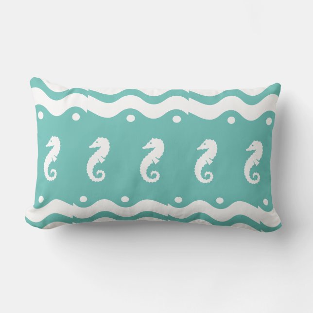 Cojín Lumbar blanco en azul SEA HORSE vida costero (Anverso)