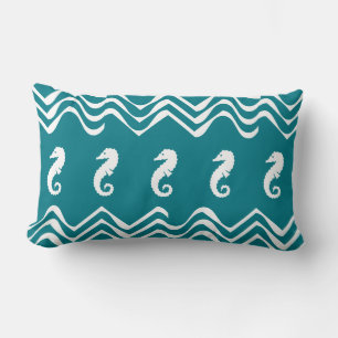 Cojín Lumbar blanco en azul SEA HORSE vida costero