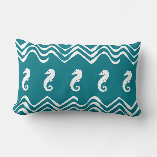 Cojín Lumbar blanco en azul SEA HORSE vida costero (Anverso)