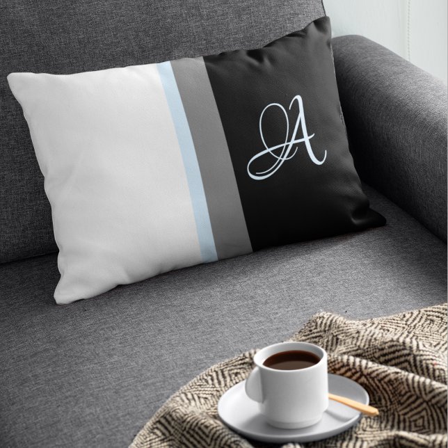 Cojín Lumbar Blanco monogramado, azul, gris, negro rayado (Subido por el creador)