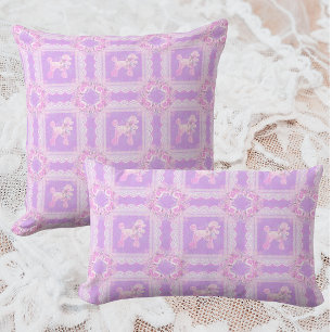 Cojín Lumbar Blanco Vintage Rosa Lila Encaje Poodle Patchwork