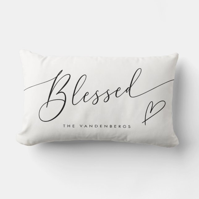 Cojín Lumbar Blessed Modern Typography Heart Throw Pillow (Anverso)
