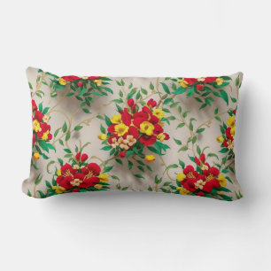 Cojín Lumbar Bloom radiante: una floral roja y amarilla vibrant