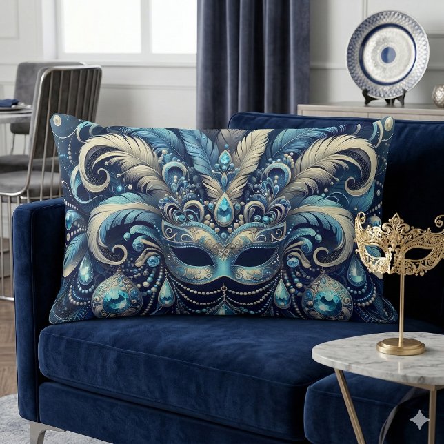Cojín Lumbar Blue Feather Masquerade Mask Illustration (Blue Feather Masquerade Mask Illustration Lumbar Pillow Mockup A)