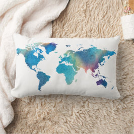 Cojín Lumbar Blue Green Watercolor World Map Travel