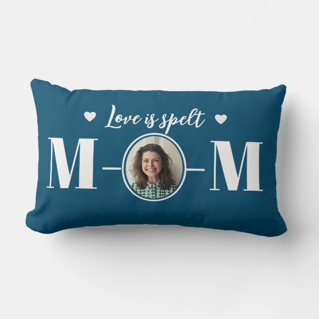 Cojín Lumbar Blue Modern Mother's Day Love is Spelt M-O-M Photo (Anverso)