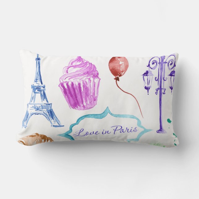 Cojín Lumbar Blue Pink Eiffel Tower Paris Watercolor Art (Anverso)