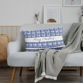 Cojín Lumbar Blue Plaid Feliz Navidad