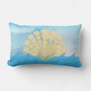 Cojín Lumbar Blue Sparkling Waves Oro Diamond Seashell