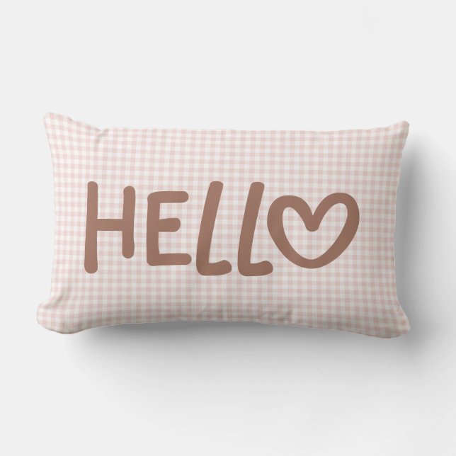 Cojín Lumbar Blush Gingham Mocha Whimsical Heart Hello (Anverso)
