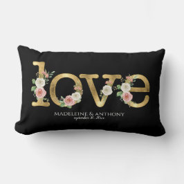 Cojín Lumbar Boda de amor Watercolor Floral Black Gold Names