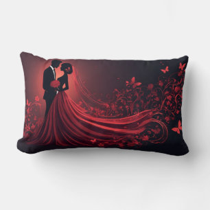 Cojín Lumbar Boda Romántica en Rojo Silueta de Novia y Novio