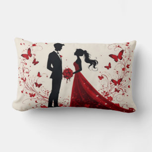 Cojín Lumbar Boda Romántica en Rojo Silueta de Novia y Novio