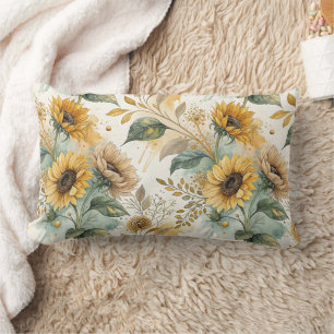 Cojín Lumbar Boho Sunflowers Watercolor Gold