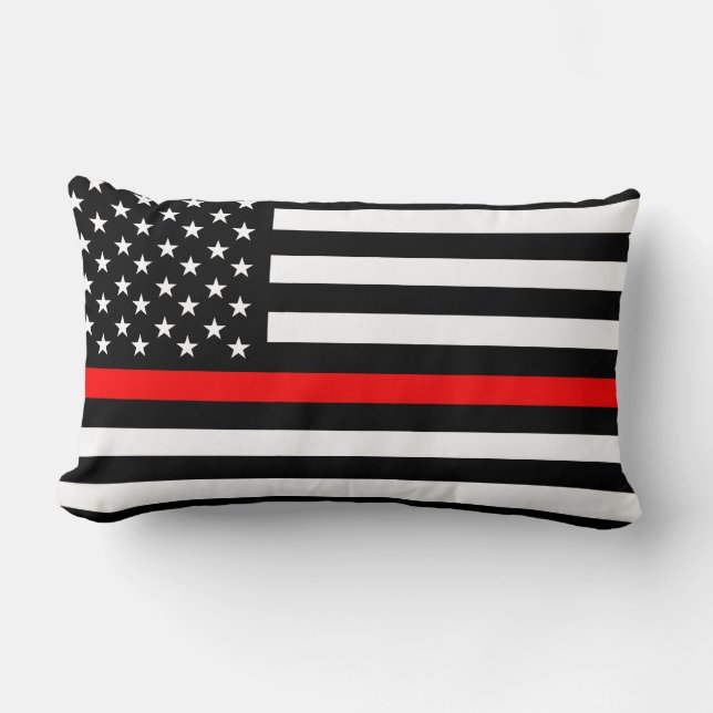 Cojín Lumbar bombero con bandera de la línea roja delgada (Anverso)
