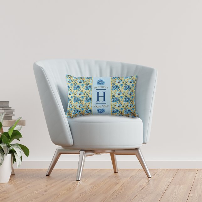 Cojín Lumbar Bonito Monograma Oro Azul Rosa País Feliz Lugar (Subido por el creador)