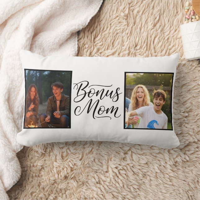 Cojín Lumbar Bonus Mom Elegant Cursive Two Photo (Manta)