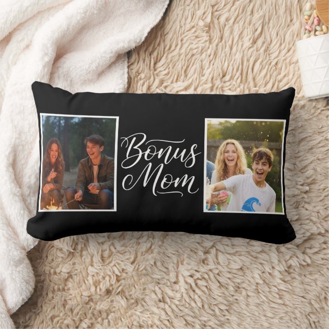 Cojín Lumbar Bonus Mom Pretty Cursive Two Photo Black and White (Manta)