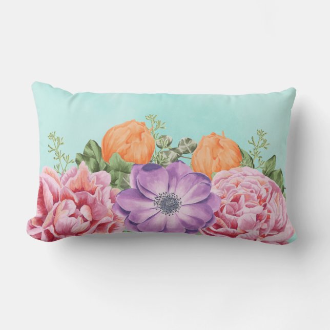 Cojín Lumbar Bouquet de acuarela Flores Pink Purple Naranja (Anverso)